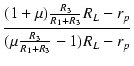 $\displaystyle {\frac{{(1 + \mu) \frac{R_3}{R_1 + R_3} R_L - r_p}}{{(\mu \frac{R_3}{R_1 + R_3} - 1) R_L - r_p}}}$